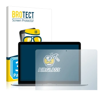 Parte frontal de un envase de producto con el logotipo de la marca BROTECT. Al lado se muestra el dispositivo Apple MacBook Re