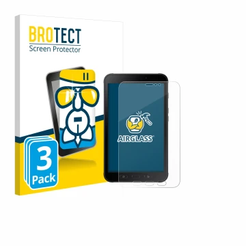 Parte frontal de un envase de producto con el logotipo de la marca BROTECT. Al lado se muestra el dispositivo Samsung Galaxy T