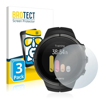 Parte frontal de un envase de producto con el logotipo de la marca BROTECT. Al lado se muestra el dispositivo Suunto Spartan U