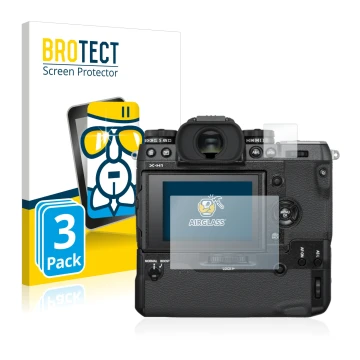 Parte frontal de un envase de producto con el logotipo de la marca BROTECT. Al lado se muestra el dispositivo Fujifilm X-H1 co