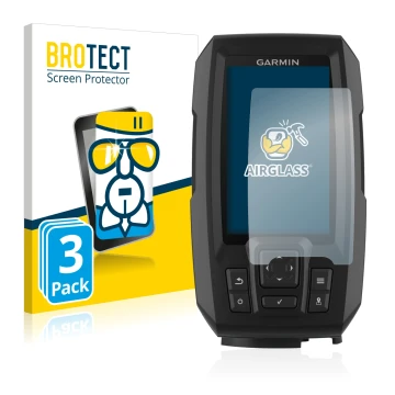 Parte frontal de un envase de producto con el logotipo de la marca BROTECT. Al lado se muestra el dispositivo Garmin Striker P