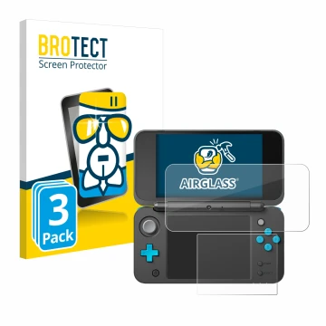 Parte frontal de un envase de producto con el logotipo de la marca BROTECT. Al lado se muestra el dispositivo New Nintendo 2DS