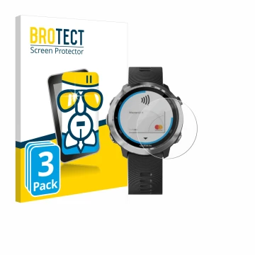 Parte frontal de un envase de producto con el logotipo de la marca BROTECT. Al lado se muestra el dispositivo Garmin Forerunne