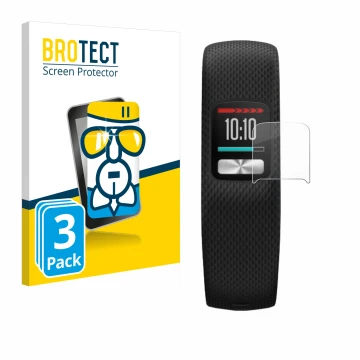 Parte frontal de un envase de producto con el logotipo de la marca BROTECT. Al lado se muestra el dispositivo Garmin Vivofit 4