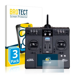 Parte frontal de un envase de producto con el logotipo de la marca BROTECT. Al lado se muestra el dispositivo Robbe Futaba FX-