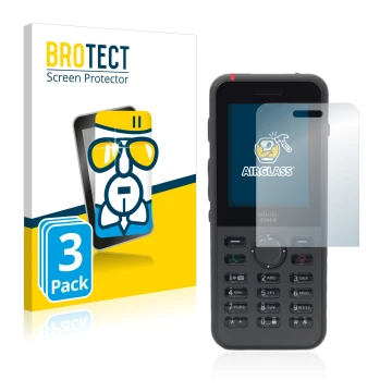 Parte frontal de un envase de producto con el logotipo de la marca BROTECT. Al lado se muestra el dispositivo Cisco IP Phone 8