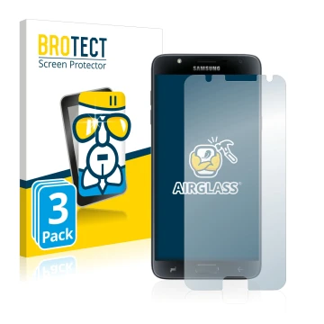 Parte frontal de un envase de producto con el logotipo de la marca BROTECT. Al lado se muestra el dispositivo Samsung Galaxy J