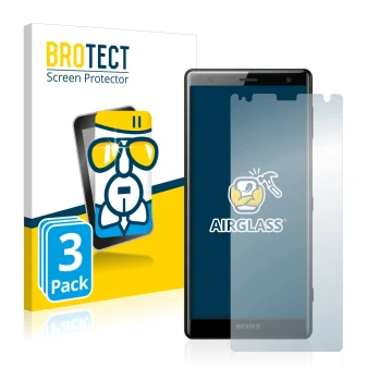 Parte frontal de un envase de producto con el logotipo de la marca BROTECT. Al lado se muestra el dispositivo Sony Xperia XZ2 