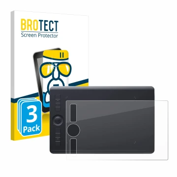 Parte frontal de un envase de producto con el logotipo de la marca BROTECT. Al lado se muestra el dispositivo Wacom Intuos Pro