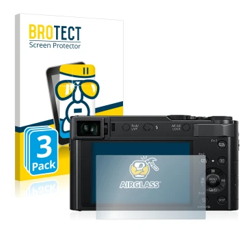 Parte frontal de un envase de producto con el logotipo de la marca BROTECT. Al lado se muestra el dispositivo Panasonic Lumix 