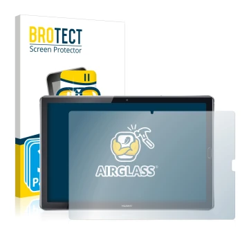 Parte frontal de un envase de producto con el logotipo de la marca BROTECT. Al lado se muestra el dispositivo Huawei MediaPad 