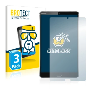 Parte frontal de un envase de producto con el logotipo de la marca BROTECT. Al lado se muestra el dispositivo Huawei MediaPad 