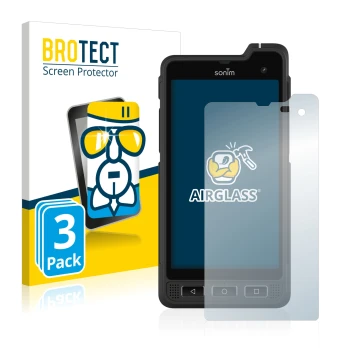 Parte frontal de un envase de producto con el logotipo de la marca BROTECT. Al lado se muestra el dispositivo Sonim XP8 con su