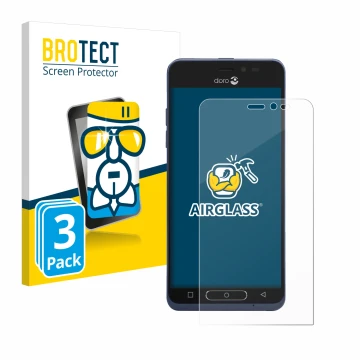 Parte frontal de un envase de producto con el logotipo de la marca BROTECT. Al lado se muestra el dispositivo Doro 8035 con su