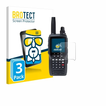 Parte frontal de un envase de producto con el logotipo de la marca BROTECT. Al lado se muestra el dispositivo Yaesu FTA-450 co