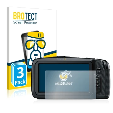 Parte frontal de un envase de producto con el logotipo de la marca BROTECT. Al lado se muestra el dispositivo Blackmagic Pocke