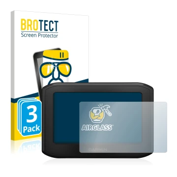 Parte frontal de un envase de producto con el logotipo de la marca BROTECT. Al lado se muestra el dispositivo Garmin zumo 396 