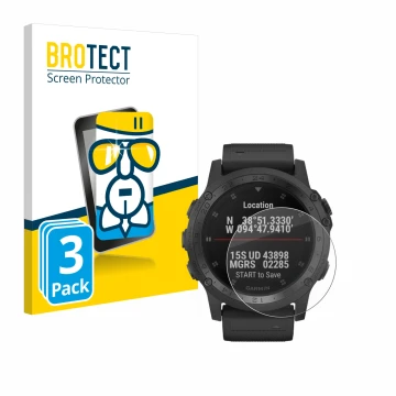 Parte frontal de un envase de producto con el logotipo de la marca BROTECT. Al lado se muestra el dispositivo Garmin Tactix Ch