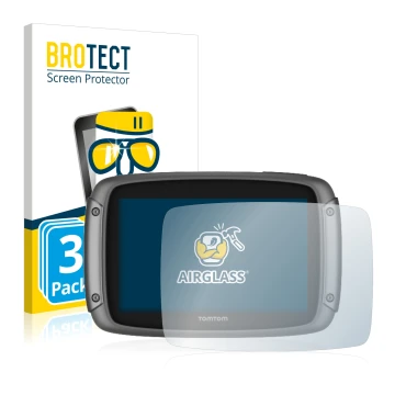 Parte frontal de un envase de producto con el logotipo de la marca BROTECT. Al lado se muestra el dispositivo TomTom Rider 500