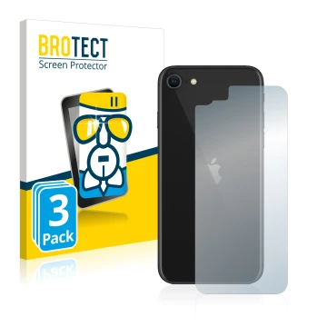 Parte frontal de un envase de producto con el logotipo de la marca BROTECT. Al lado se muestra el dispositivo Apple iPhone SE 