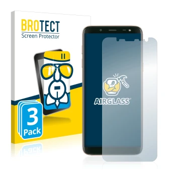 Parte frontal de un envase de producto con el logotipo de la marca BROTECT. Al lado se muestra el dispositivo Samsung Galaxy J