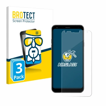 Parte frontal de un envase de producto con el logotipo de la marca BROTECT. Al lado se muestra el dispositivo LG Q7 con su pro