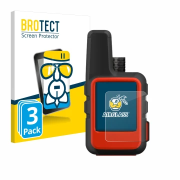 Parte frontal de un envase de producto con el logotipo de la marca BROTECT. Al lado se muestra el dispositivo Garmin inReach M