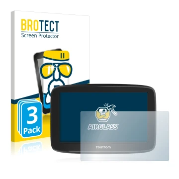 Parte frontal de un envase de producto con el logotipo de la marca BROTECT. Al lado se muestra el dispositivo TomTom GO Basic 