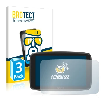 Parte frontal de un envase de producto con el logotipo de la marca BROTECT. Al lado se muestra el dispositivo TomTom GO Camper