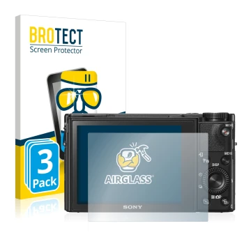 Parte frontal de un envase de producto con el logotipo de la marca BROTECT. Al lado se muestra el dispositivo Sony Cyber-Shot 