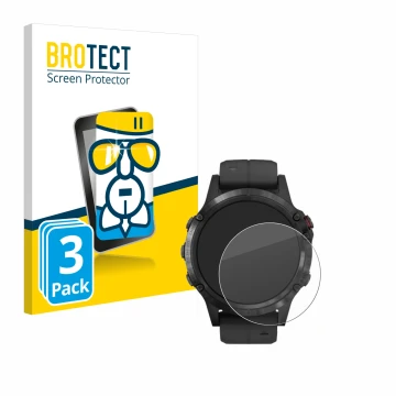 Parte frontal de un envase de producto con el logotipo de la marca BROTECT. Al lado se muestra el dispositivo Garmin Fenix 5 P