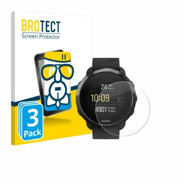Parte frontal de un envase de producto con el logotipo de la marca BROTECT. Al lado se muestra el dispositivo Suunto 3 Fitness