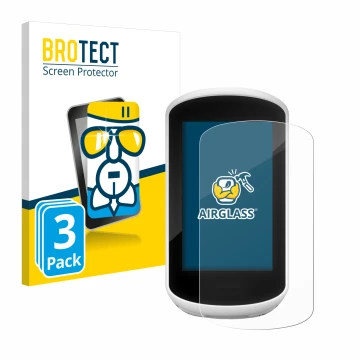 Parte frontal de un envase de producto con el logotipo de la marca BROTECT. Al lado se muestra el dispositivo Garmin Edge Expl