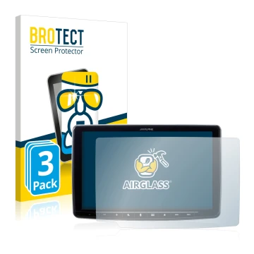 Parte frontal de un envase de producto con el logotipo de la marca BROTECT. Al lado se muestra el dispositivo Alpine iLX-F903D