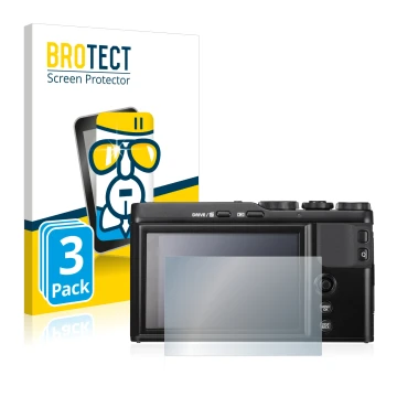 Parte frontal de un envase de producto con el logotipo de la marca BROTECT. Al lado se muestra el dispositivo Fujifilm XF10 co