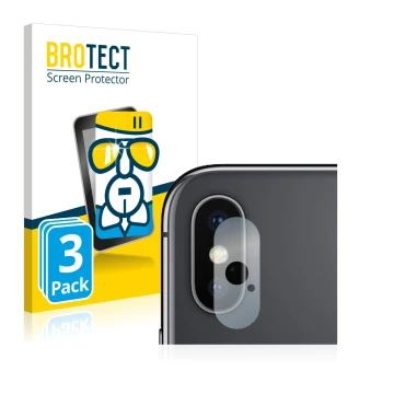 Parte frontal de un envase de producto con el logotipo de la marca BROTECT. Al lado se muestra el dispositivo Apple iPhone Xs 