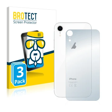 Parte frontal de un envase de producto con el logotipo de la marca BROTECT. Al lado se muestra el dispositivo Apple iPhone XR 