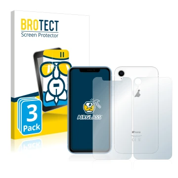 Parte frontal de un envase de producto con el logotipo de la marca BROTECT. Al lado se muestra el dispositivo Apple iPhone XR 