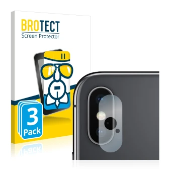 Parte frontal de un envase de producto con el logotipo de la marca BROTECT. Al lado se muestra el dispositivo Apple iPhone Xs 