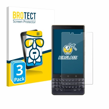 Parte frontal de un envase de producto con el logotipo de la marca BROTECT. Al lado se muestra el dispositivo BlackBerry Key2 