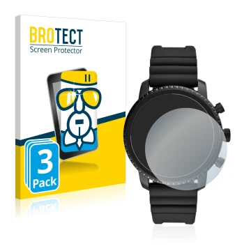 Parte frontal de un envase de producto con el logotipo de la marca BROTECT. Al lado se muestra el dispositivo Fossil Q Explori