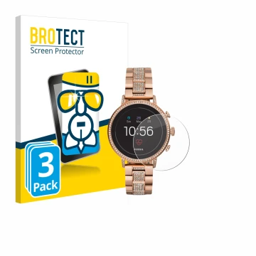 Parte frontal de un envase de producto con el logotipo de la marca BROTECT. Al lado se muestra el dispositivo Fossil Q Venture