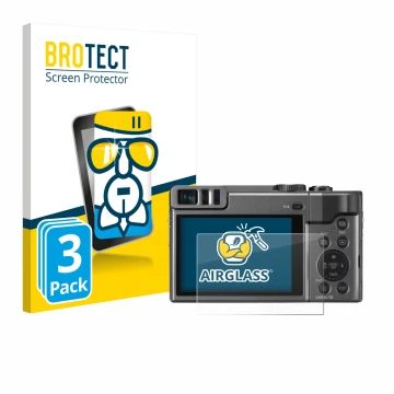 Parte frontal de un envase de producto con el logotipo de la marca BROTECT. Al lado se muestra el dispositivo Panasonic Lumix 