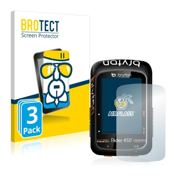 Parte frontal de un envase de producto con el logotipo de la marca BROTECT. Al lado se muestra el dispositivo Bryton Rider 450