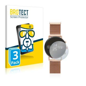 Parte frontal de un envase de producto con el logotipo de la marca BROTECT. Al lado se muestra el dispositivo Skagen Smartwatc