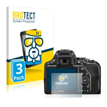 Parte frontal de un envase de producto con el logotipo de la marca BROTECT. Al lado se muestra el dispositivo Nikon D3500 con 