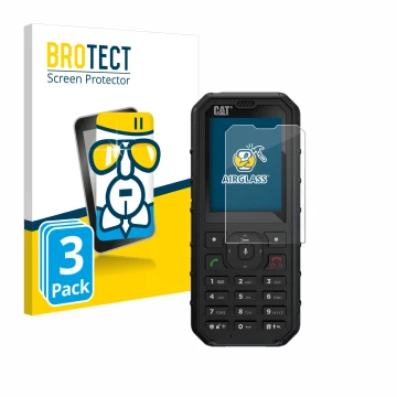 Parte frontal de un envase de producto con el logotipo de la marca BROTECT. Al lado se muestra el dispositivo Caterpillar Cat 