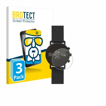 Parte frontal de un envase de producto con el logotipo de la marca BROTECT. Al lado se muestra el dispositivo Skagen Smartwatc