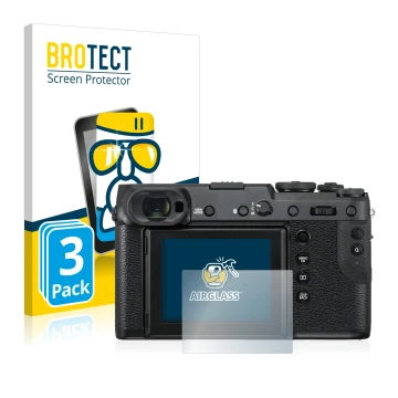 Parte frontal de un envase de producto con el logotipo de la marca BROTECT. Al lado se muestra el dispositivo Fujifilm GFX 50R