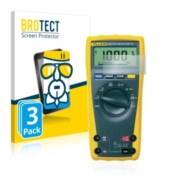 Parte frontal de un envase de producto con el logotipo de la marca BROTECT. Al lado se muestra el dispositivo Fluke MultiMeter